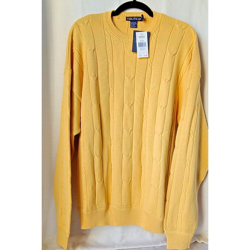 Nautica Sweater Mens XL Yellow Cable Knit Heavyweight Cotton Jumper Adult Y2K